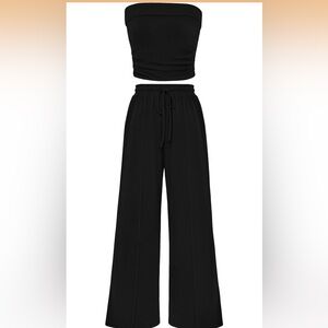 PRETTYGARDEN 2-Piece Black Ribbed Tube Top & Wide-Leg Pants Set – Size M